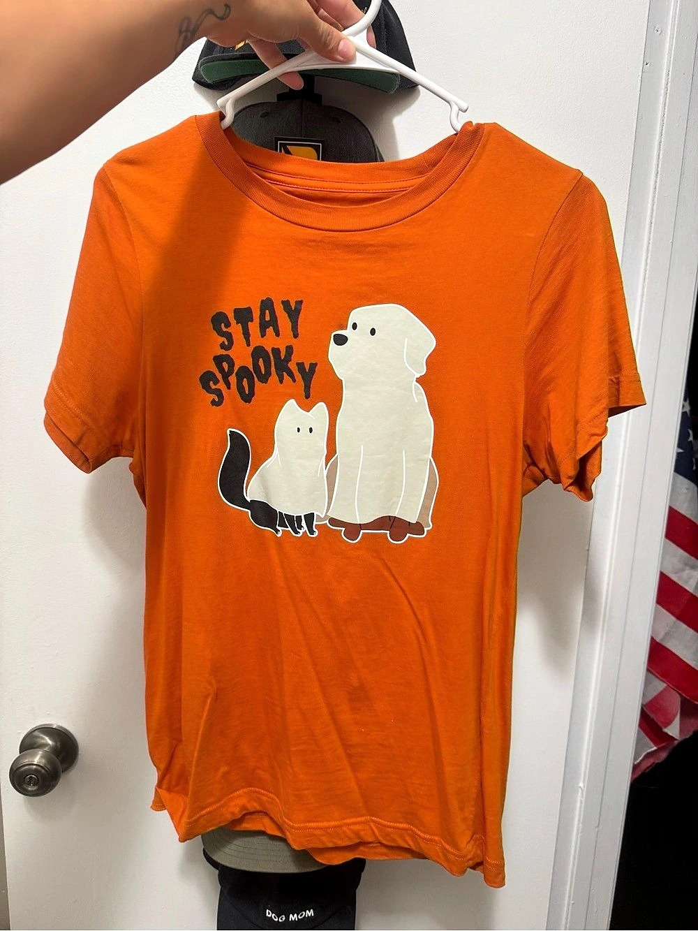 Stay spooky Halloween dog and cat ghost graphic t shirt women